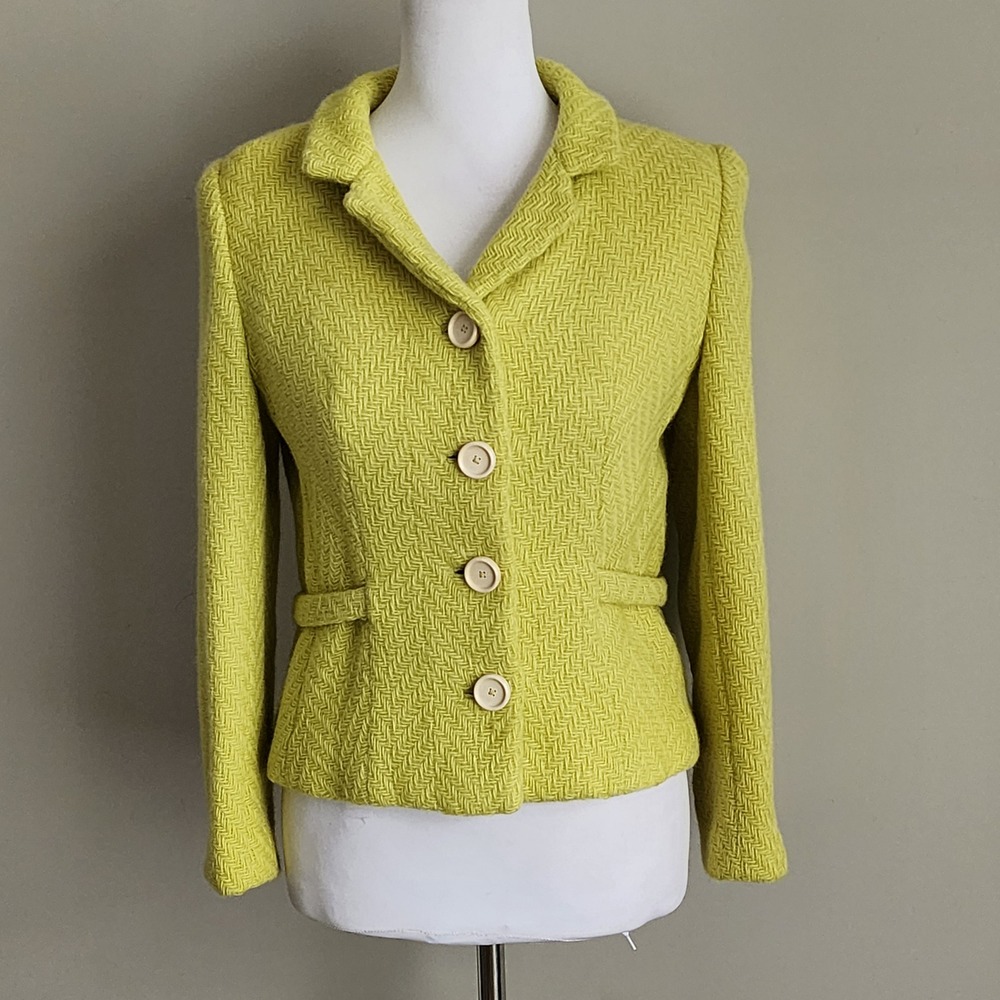Vintage 60s Tweed Blazer Womens S Yellow Lime Wool Herringbone Jacket Mid MCM